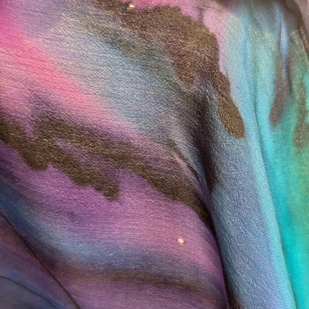 Artisan Silk Scarf Jewel Toned Hand Dyed Vibrant Multicolor Skinny Gold Accents
